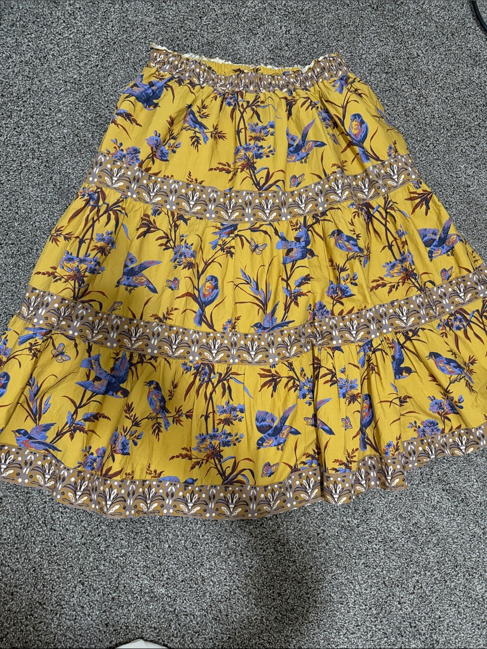 Sundance Fall  Tiered Midi Skirt - Yellow with Blue Bird Print
